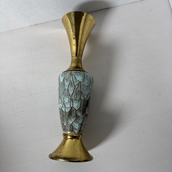 Vintage Delft Turquoise and Brass Mottled Hand Painted Vase - Picture 5 of 9